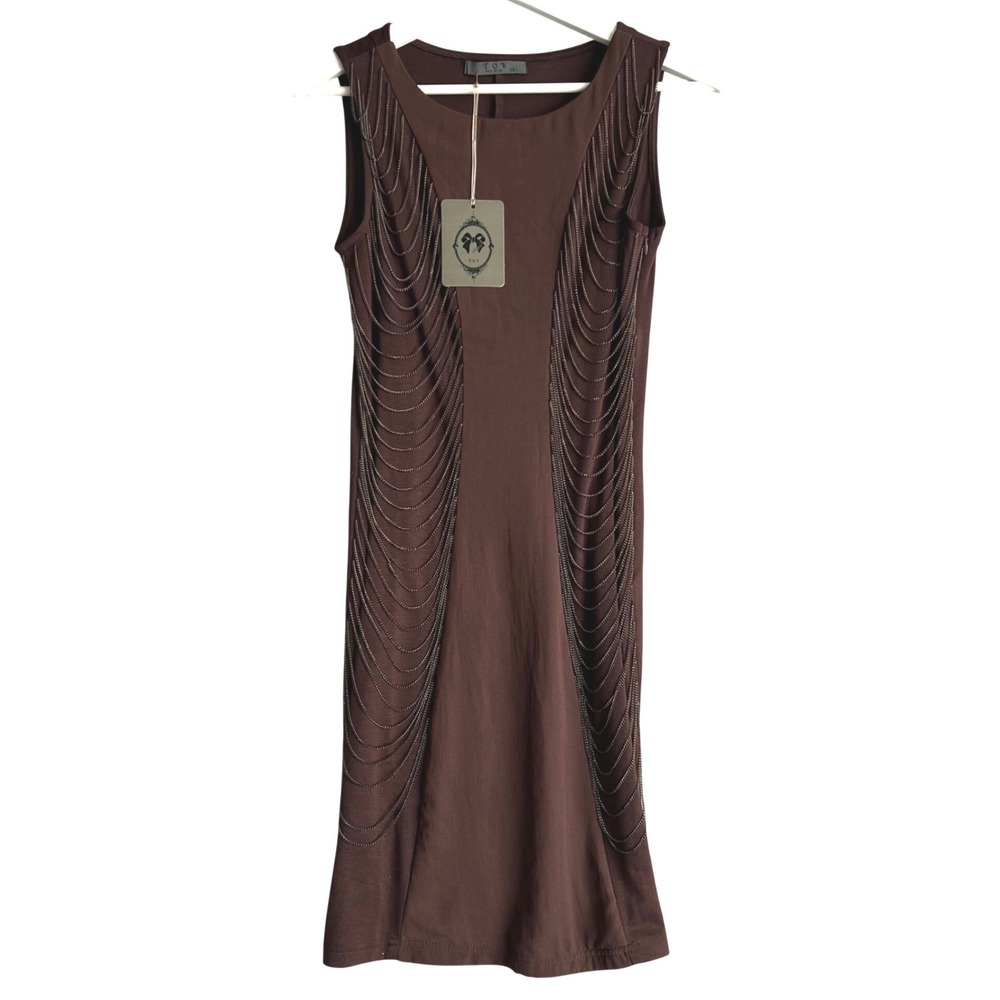 TOV Holy G Brown Sleeveless Chain Draped Sheath Mini Dress NWT Size 38